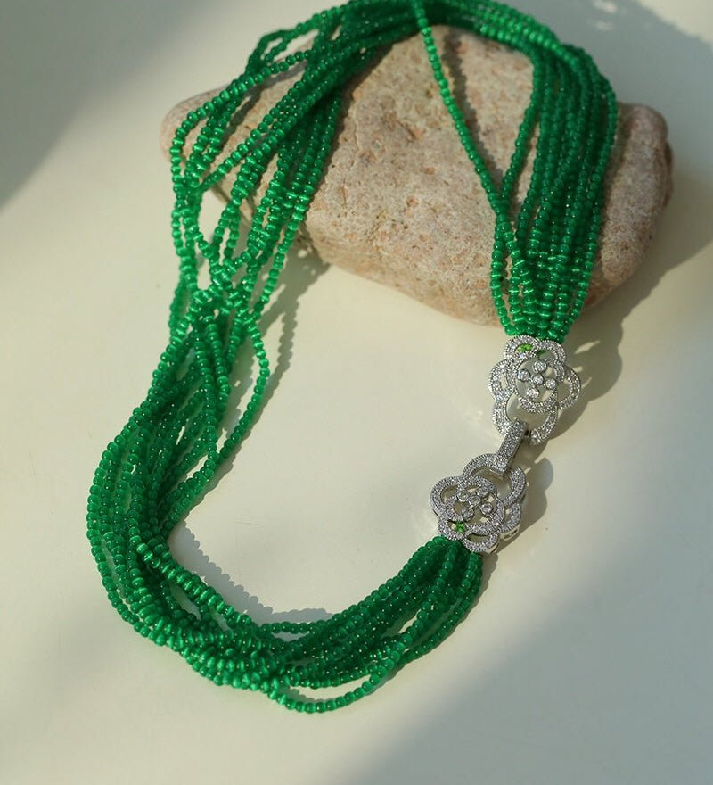 Camellia Clasp Multi - Layered Green Cat's Eye Necklace - floysun