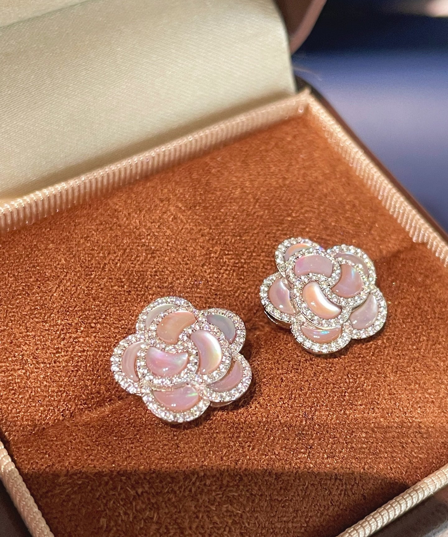 Camellia Sparkle Stud Earrings – Natural Pink Mother - of - Pearl - floysun