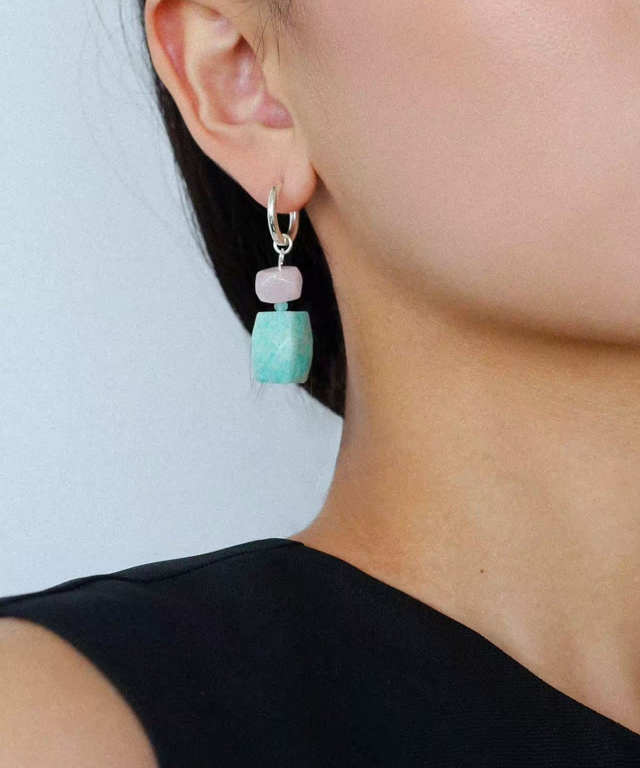 Candy - Colored Faceted Rose Quartz & Amazonite Drop Earrings - floysun