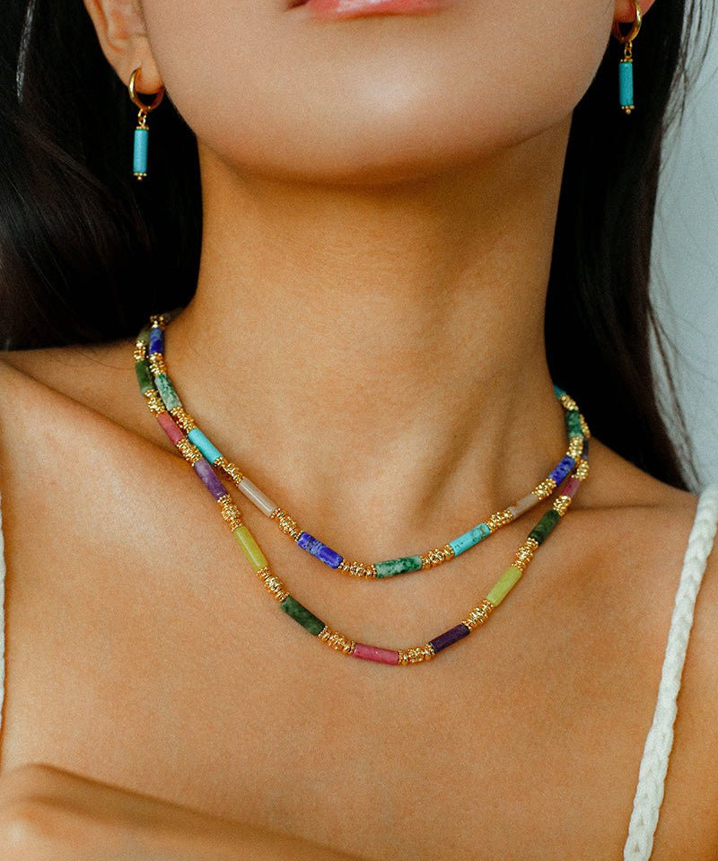 Candy - Colored Natural Stone Rainbow Beaded Necklace - Rainbow Color Design - floysun