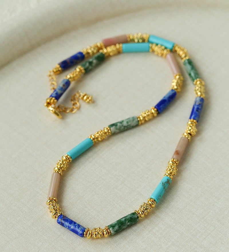 Candy - Colored Natural Stone Rainbow Beaded Necklace - Teal Design - floysun