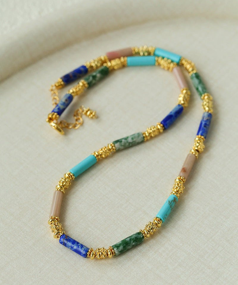 Candy - Colored Natural Stone Rainbow Beaded Necklace - Teal Design - floysun