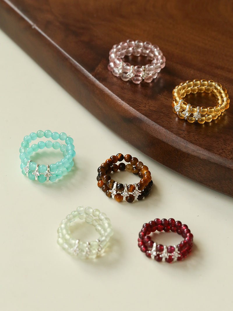 Candy Sorbet Elastic Ring | Natural Gemstone Double - Row Beaded Band - floysun