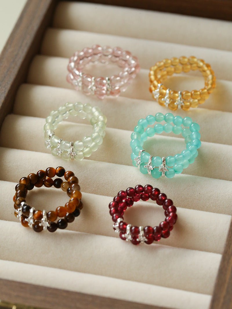 Candy Sorbet Elastic Ring | Natural Gemstone Double - Row Beaded Band - floysun