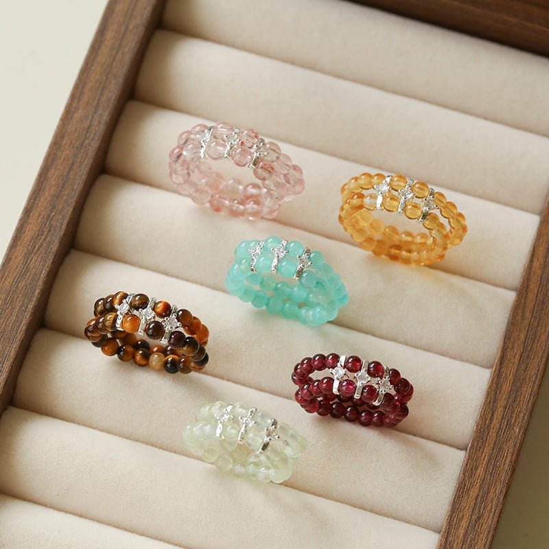 Candy Sorbet Elastic Ring | Natural Gemstone Double - Row Beaded Band - floysun