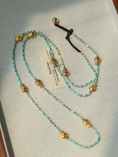 Carp Drift – Blue Turquoise Beaded Necklace with Golden Fish & Bell Clasp - floysun