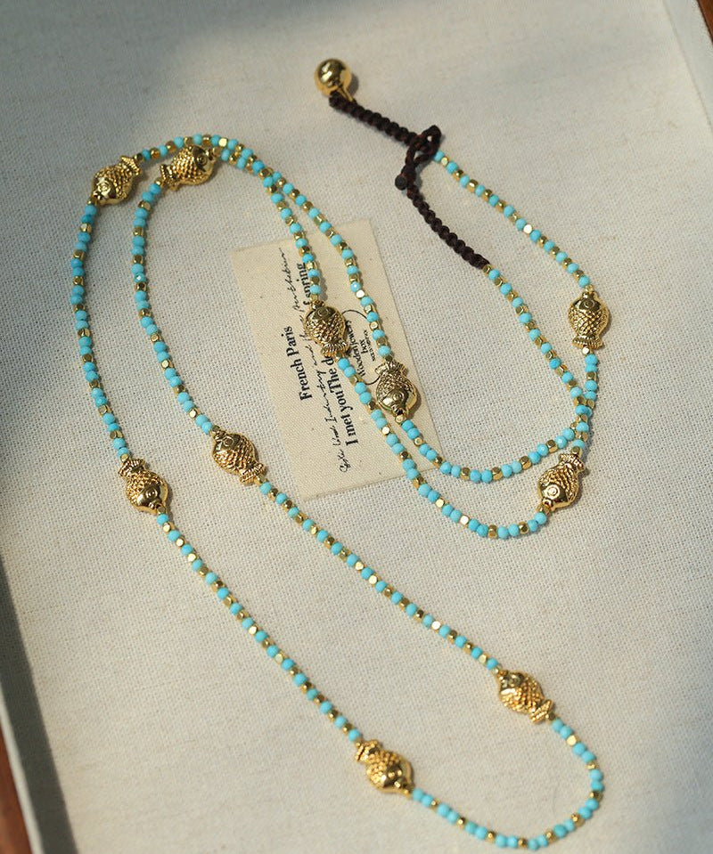 Carp Drift – Blue Turquoise Beaded Necklace with Golden Fish & Bell Clasp - floysun