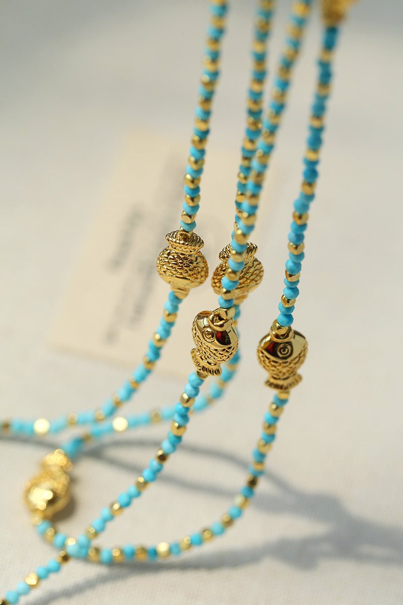 Carp Drift – Blue Turquoise Beaded Necklace with Golden Fish & Bell Clasp - floysun