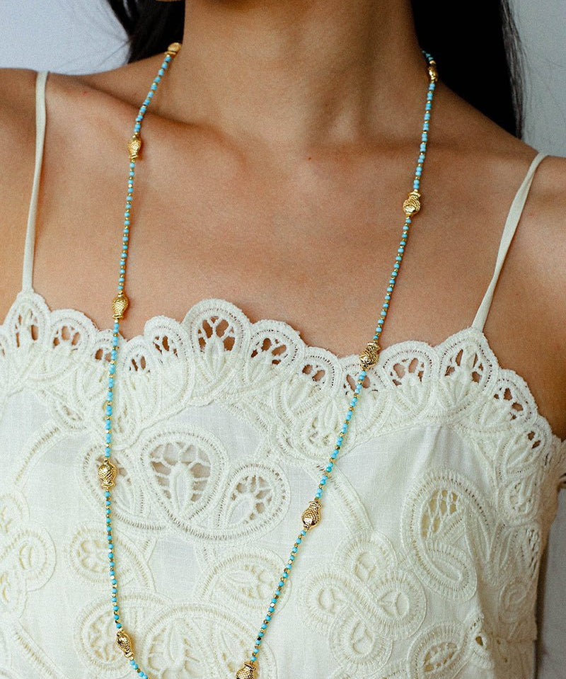 Carp Drift – Blue Turquoise Beaded Necklace with Golden Fish & Bell Clasp - floysun