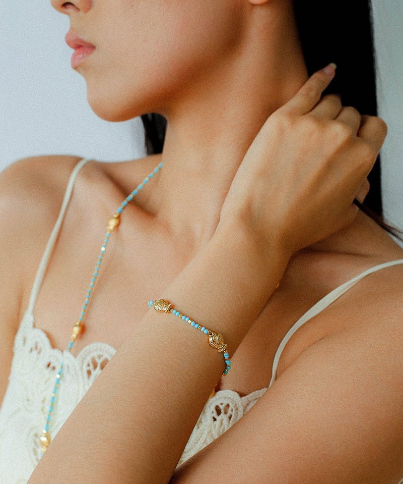 Carp Drift – Blue Turquoise & Golden Koi Beaded Bracelet with Bell Clasp - floysun