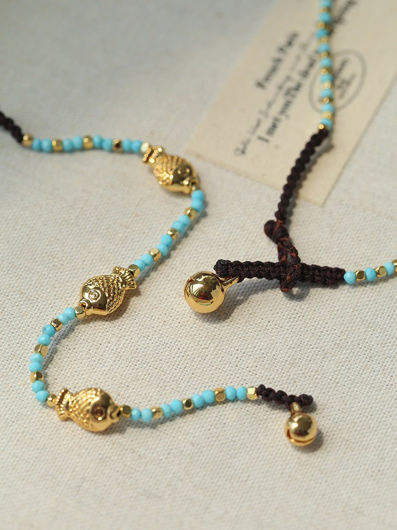 Carp Drift – Blue Turquoise & Golden Koi Beaded Bracelet with Bell Clasp - floysun