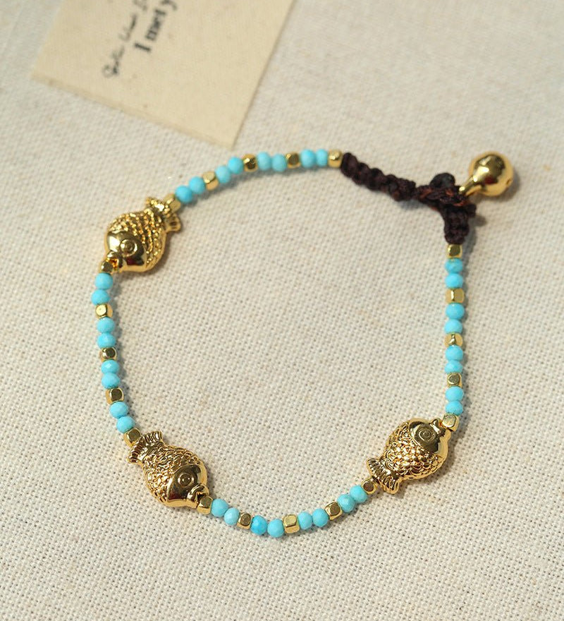 Carp Drift – Blue Turquoise & Golden Koi Beaded Bracelet with Bell Clasp - floysun