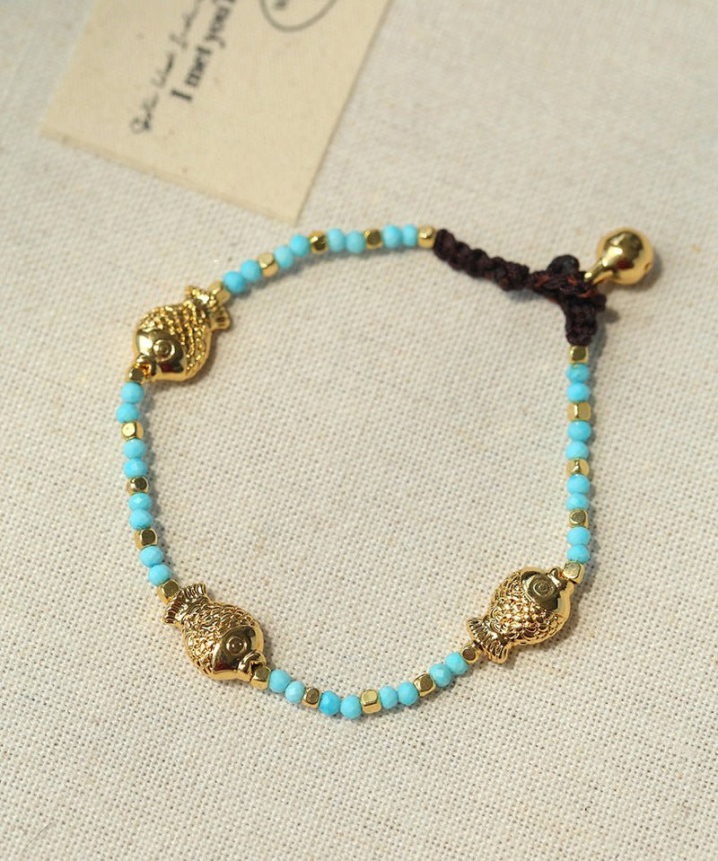 Carp Drift – Blue Turquoise & Golden Koi Beaded Bracelet with Bell Clasp - floysun