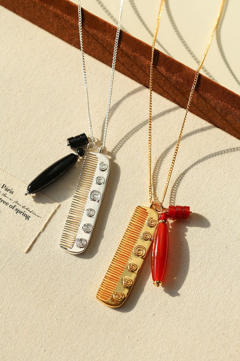 Carved Agate Comb Pendant Necklace - floysun