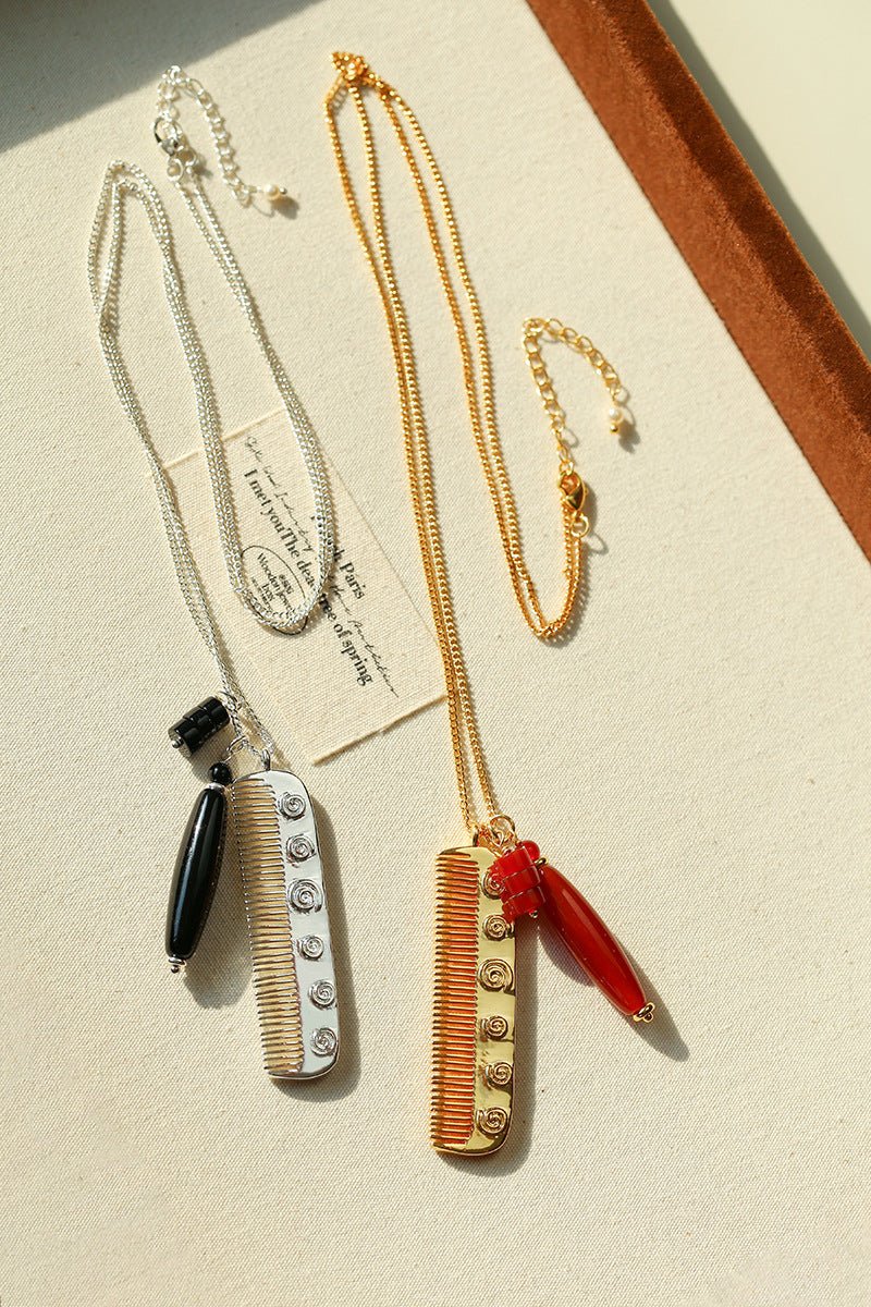 Carved Agate Comb Pendant Necklace - floysun