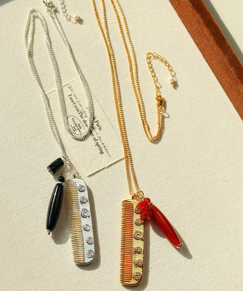 Carved Agate Comb Pendant Necklace - floysun