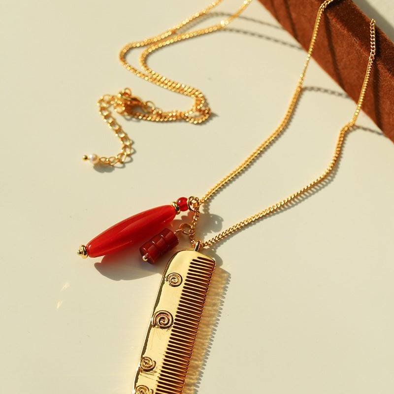 Carved Agate Comb Pendant Necklace - floysun