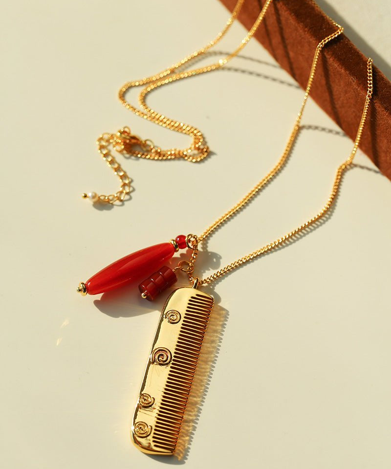 Carved Agate Comb Pendant Necklace - floysun