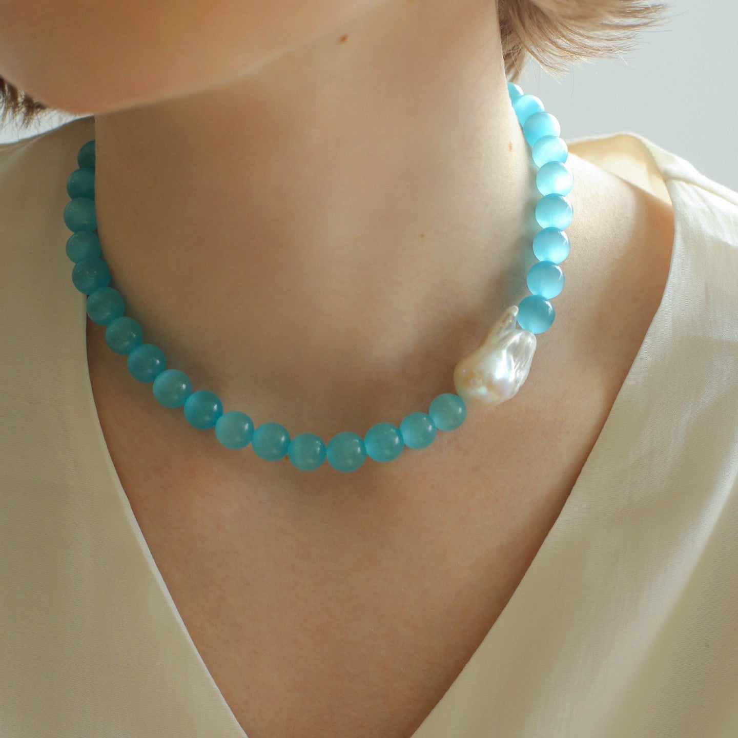 Cat's Eye Stone Baroque Pearl Collar Necklace - Blue - floysun
