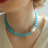 Cat's Eye Stone Baroque Pearl Collar Necklace-Blue - floysun