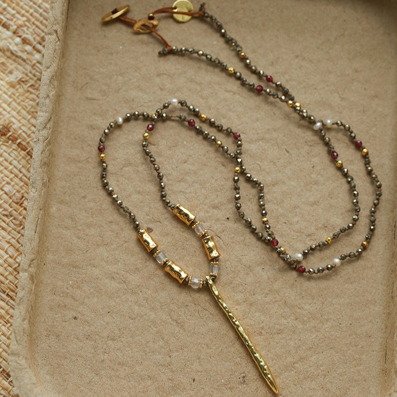 Hand‑Strung Micro‑Bead Hammered Slender Bar Pendant Necklace