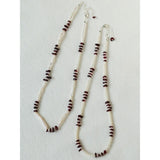 Toothpick pearl and mini freshwater pearl necklaces with burgundy garnet accents