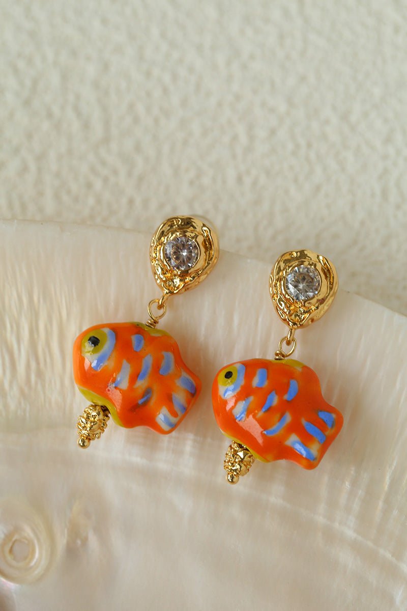 Ceramic Fish Lava Texture Gold Dangle Earrings - floysun