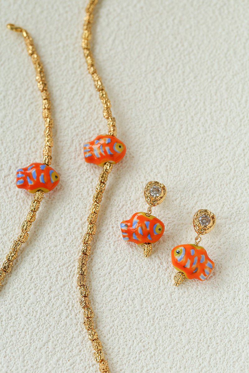 Ceramic Fish Lava Texture Gold Dangle Earrings - floysun