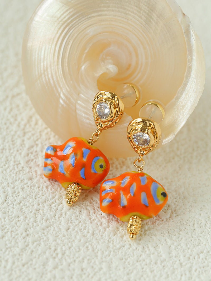 Ceramic Fish Lava Texture Gold Dangle Earrings - floysun