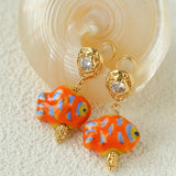 Ceramic Fish Lava Texture Gold Dangle Earrings - floysun