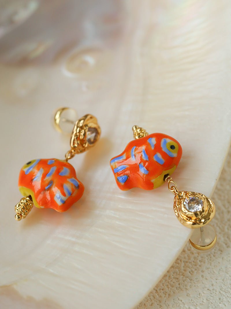 Ceramic Fish Lava Texture Gold Dangle Earrings - floysun