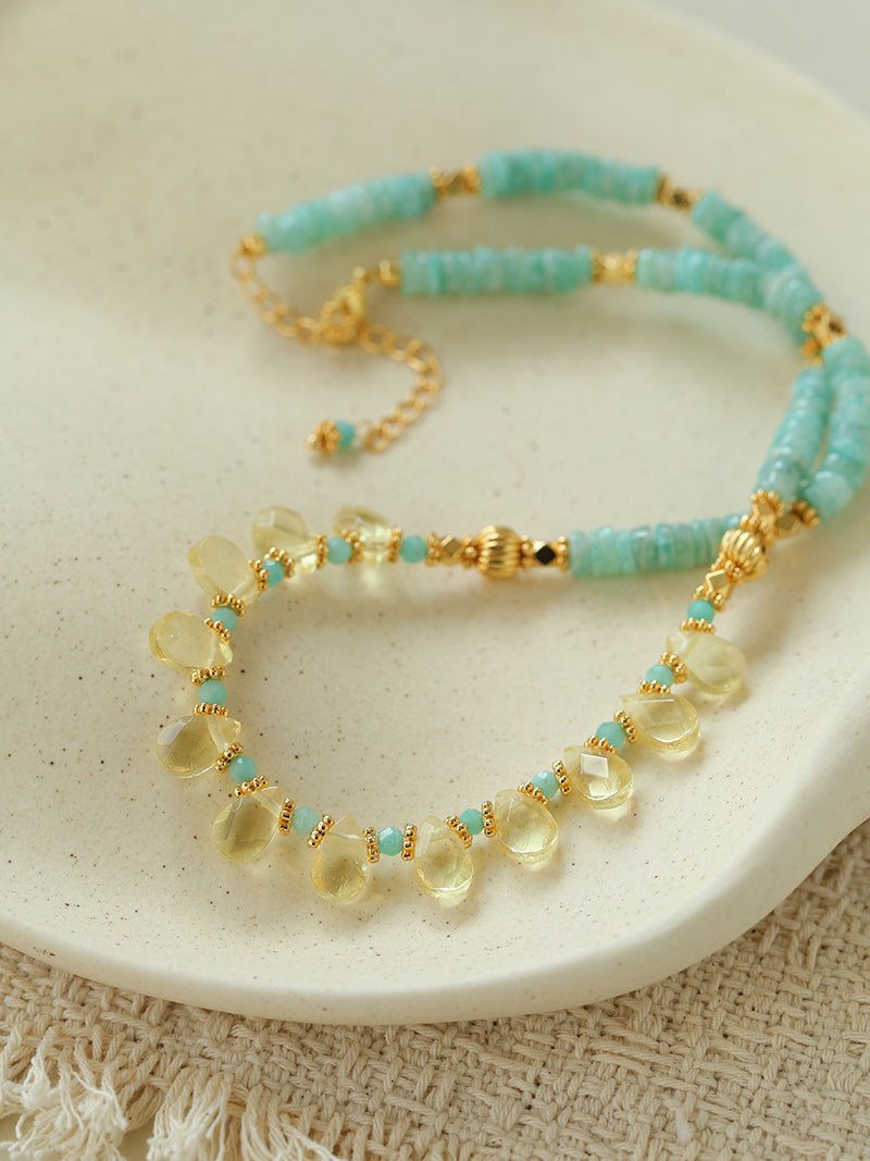Cerulean & Citrine Harmony Necklace | Natural Amazonite & Lemon Quartz Duo - floysun