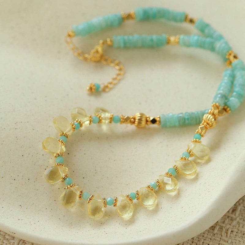 Cerulean & Citrine Harmony Necklace | Natural Amazonite & Lemon Quartz Duo - floysun