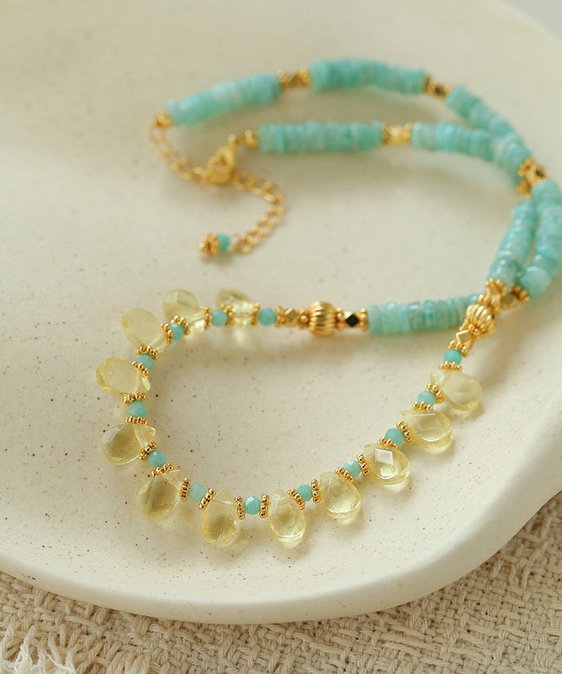 Cerulean & Citrine Harmony Necklace | Natural Amazonite & Lemon Quartz Duo - floysun