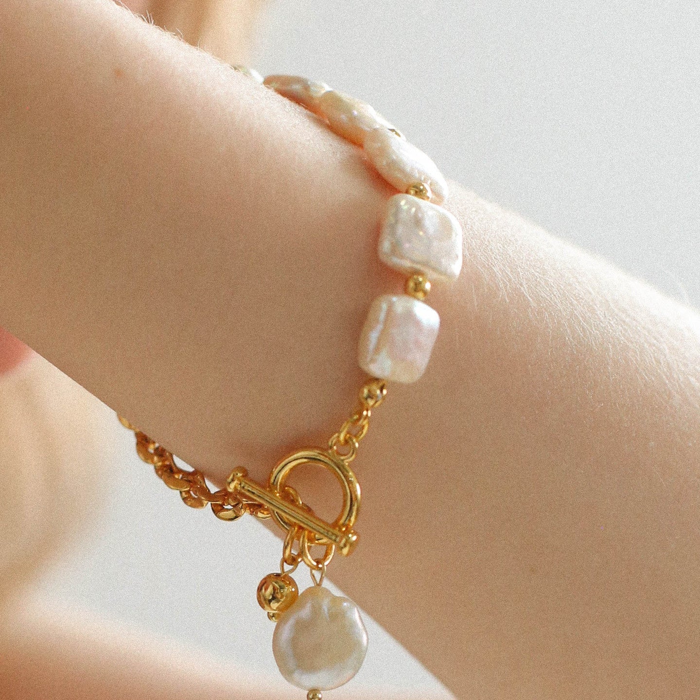 Chain Stitching Square Baroque Pearl Y Shaped Bracelet - floysun