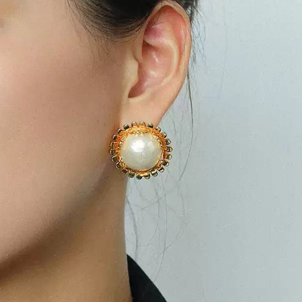 Chanel - Inspired Sunflower Cotton Pearl Stud Earrings - floysun