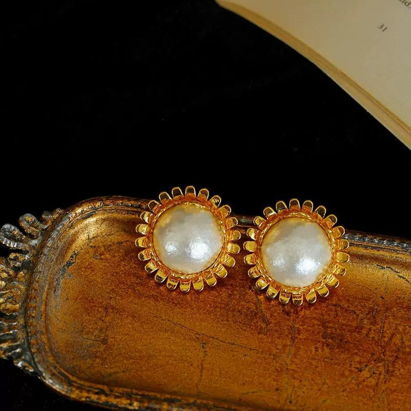 Chanel - Inspired Sunflower Cotton Pearl Stud Earrings - floysun