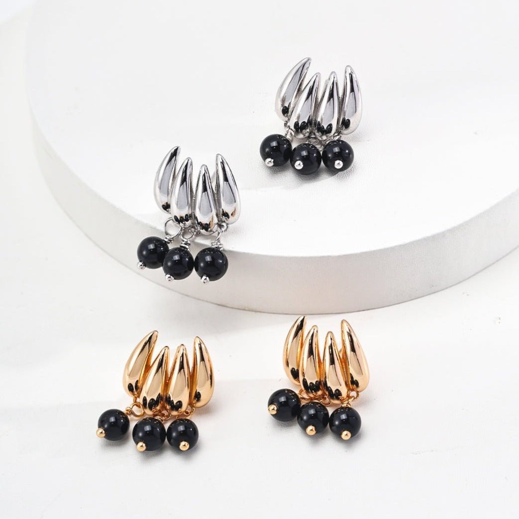 Chic Black Onyx Gemstone Drop Earrings - floysun
