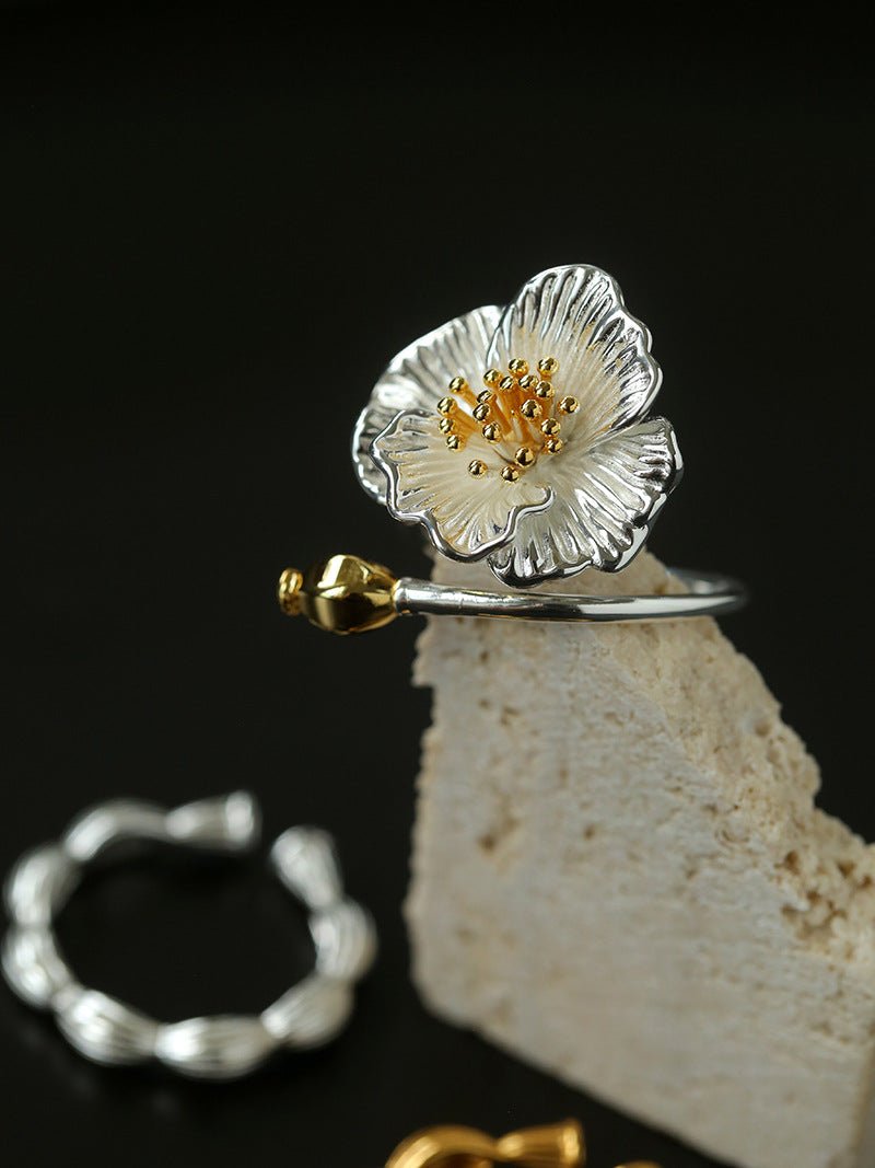 Chinese - Style 925 Silver Camellia Flower Open Ring - floysun