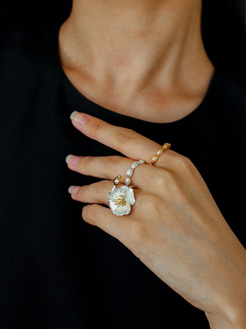 Chinese - Style 925 Silver Camellia Flower Open Ring - floysun