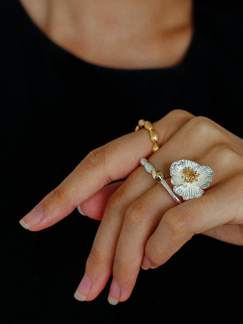 Chinese - Style 925 Silver Camellia Flower Open Ring - floysun