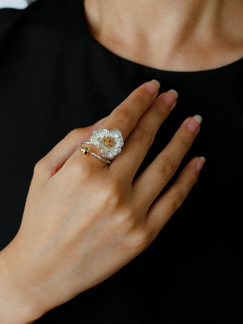 Chinese - Style 925 Silver Camellia Flower Open Ring - floysun