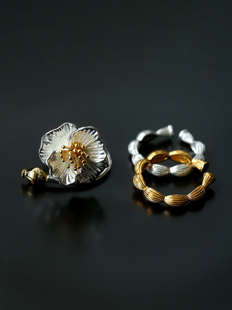 Chinese - Style 925 Silver Camellia Flower Open Ring - floysun