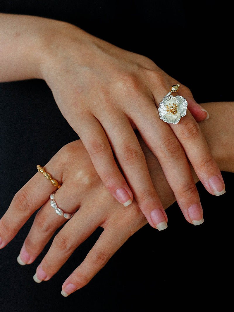 Chinese - Style 925 Silver Camellia Flower Open Ring - floysun