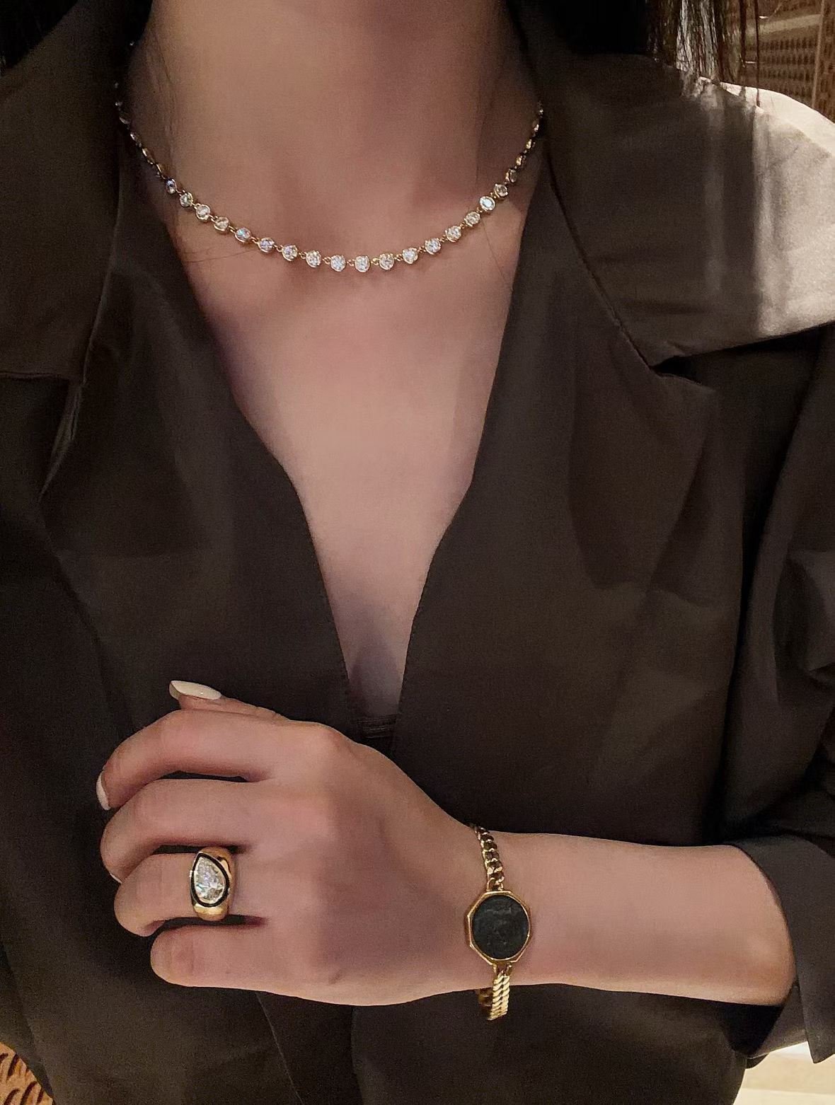 Classic Bubble Bezel Solitaire Necklace - Handcrafted Floating Diamond Choker - floysun