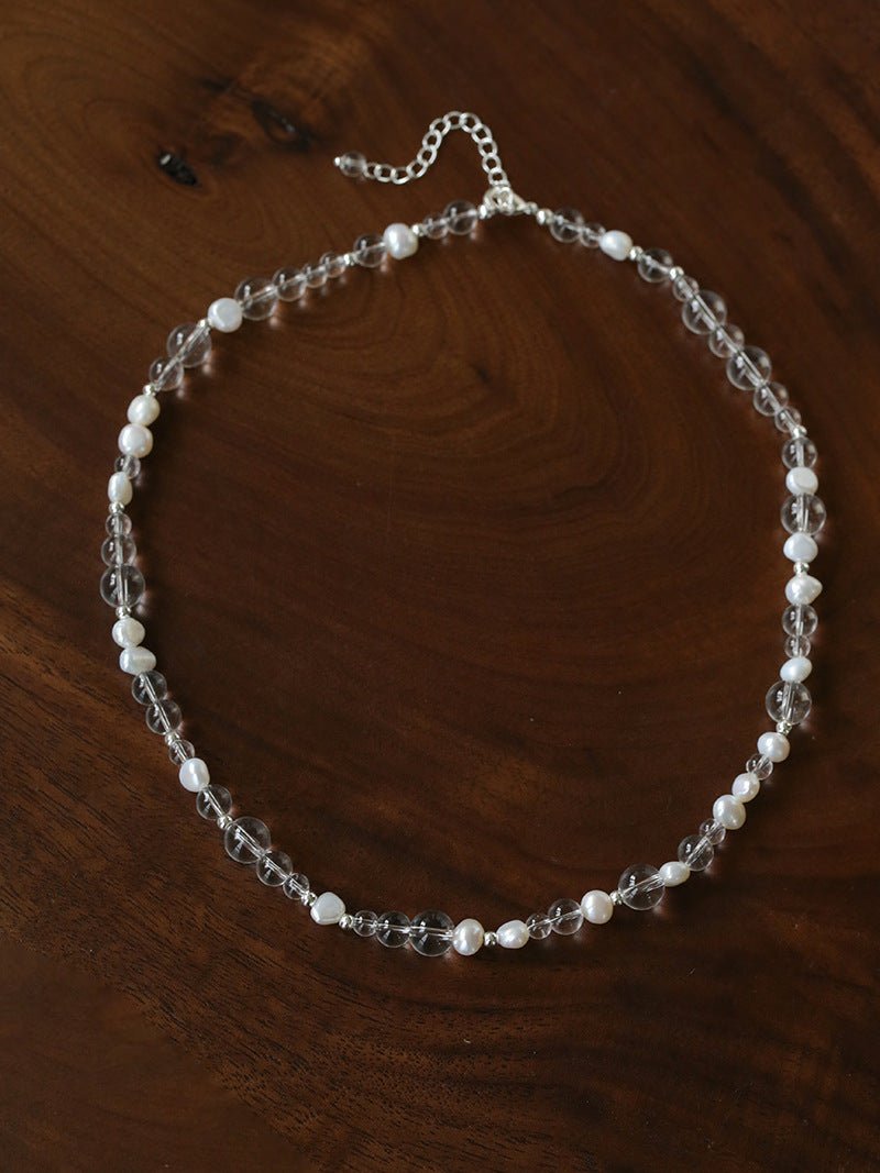 Classic Clear Quartz & Freshwater Pearl Beaded Necklace - Elegant Layering Strand Choker - floysun