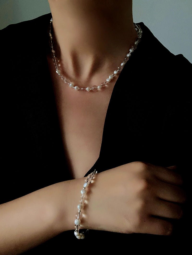 Classic Clear Quartz & Freshwater Pearl Beaded Necklace - Elegant Layering Strand Choker - floysun