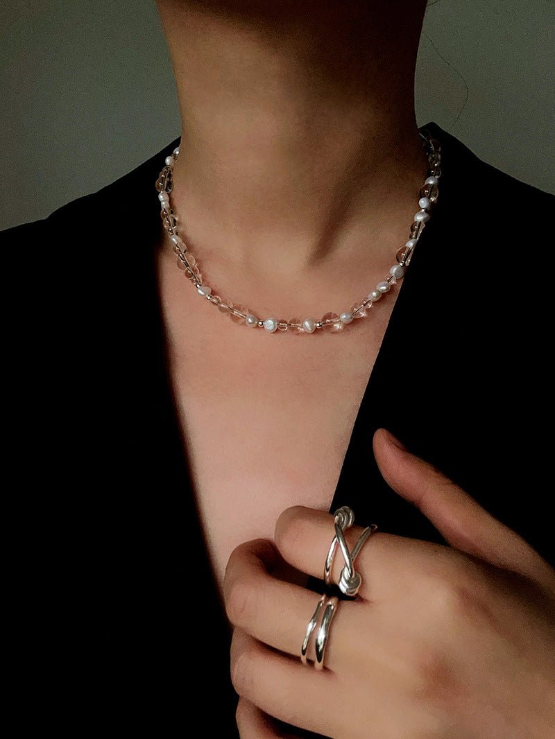 Classic Clear Quartz & Freshwater Pearl Beaded Necklace - Elegant Layering Strand Choker - floysun