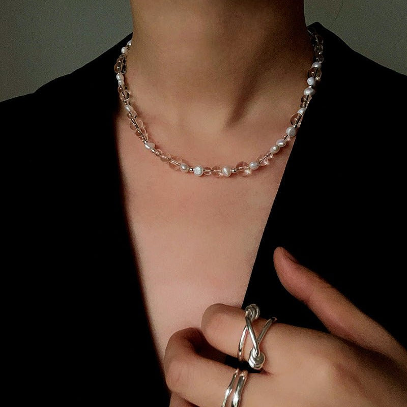 Classic Clear Quartz & Freshwater Pearl Beaded Necklace - Elegant Layering Strand Choker - floysun