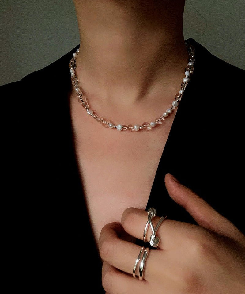 Classic Clear Quartz & Freshwater Pearl Beaded Necklace - Elegant Layering Strand Choker - floysun